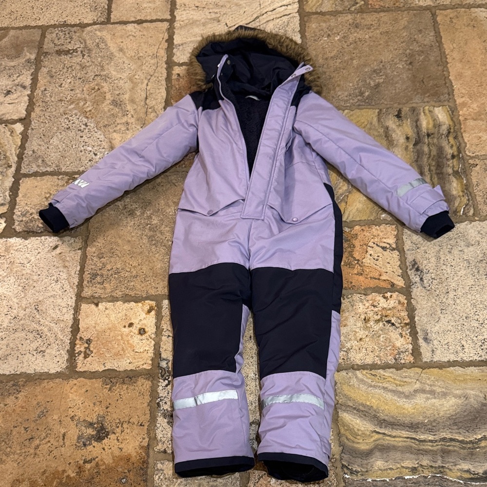 Kids girls Purple and Black Snowsuit with Reflective Stripes needs repair